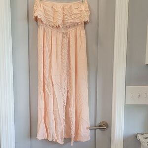 Hint of Mint Orange Pink Strapless Maxi Dress Ruffled Resort Wear